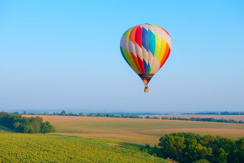 Hot,Air,Balloon,Is,Flying,Over,The,Field,With,Blooming